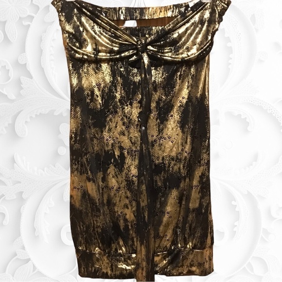 Black/Gold Strapless Long Form Fitted Top With Cut Outs In Back Front Long Tie - Picture 3 of 3